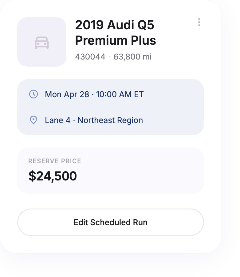 Scheduled vehicle card with reserve price and buyer-activity stats